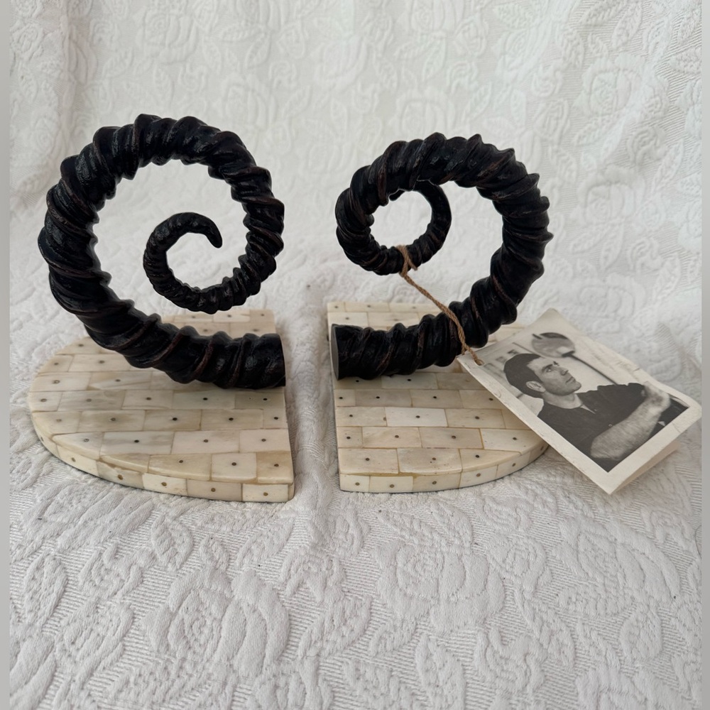 Michael Aram Impala bookends.  Horns are oxidized copper and base is bone inlay.